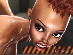 A hot black girl gets fucked hard by a cyber angel shemale in the sci-fi prison