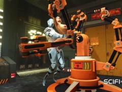 A hot young horny hottie in cuffs gets fucked hard by sex robot dickgirl