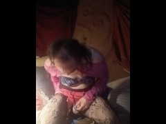 Asian tgirl Pink skirt and stockings with feminin moaning and orgasm