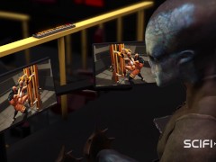 Big tit girl in cuffs likes to fuck with sexy shemale in the prison