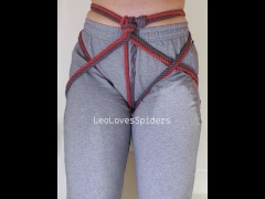 BONDAGE tied up amateur teen pisses his grey sweats!! (OMORASHI)