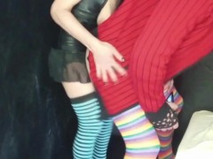 Crossdresser and brunette, strap-on and ejaculation on the buttocks