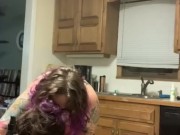 Curvy milf with a strap on gets sub to suck her cock and call her daddy