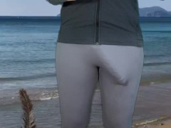 Huge cock shemale does yoga in beach house