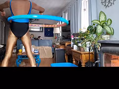 Hula-hoop exercises make sissy femboys cosplay swimsuit dick burst with rocket cumshot
