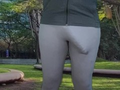 Monster cock shemale teasing in public park