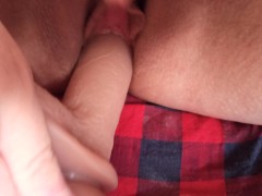 Realistic dildo in moaning trans guy’s wet hole