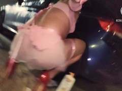 Shemale in pink lingerie taking 1l beer enema in the street