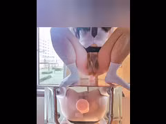 Naughty schoolgirl rides a big dildo on a transparent chair with the view from underneath. First dual camera try!