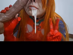 Pretty Trans Asuka Eating Cum and Giving a Blowjob to a Dildo while she uses a Extreme BDSM Nosehook